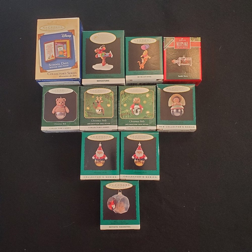 Hallmark 11 Miniature Ornaments - Christmas Bells, Winnie the Pooh & Tigger NIB